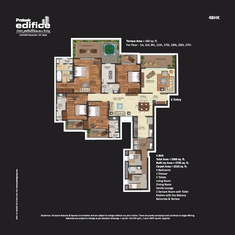 Floor plan of 4 BHK 3300 Sq. Ft. Apartment in Prateek Edifice, Noida