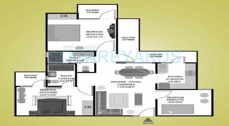 Floor plan of 3 BHK 1356 Sq. Ft. Apartment in Prateek Fedora, Noida