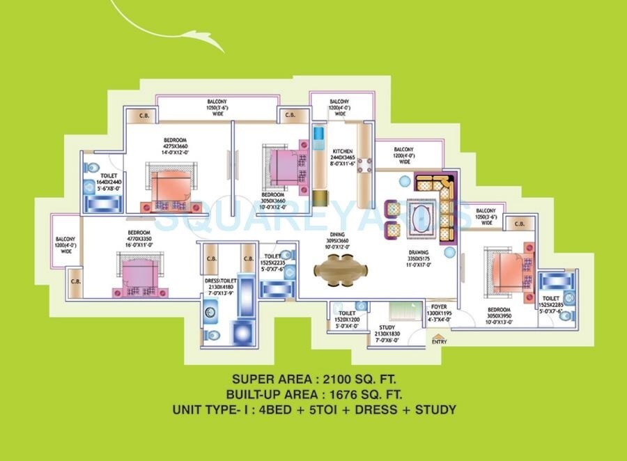 Floor plan of 4 BHK 2100 Sq. Ft. Apartment in Prateek Laurel Phase-II, Noida