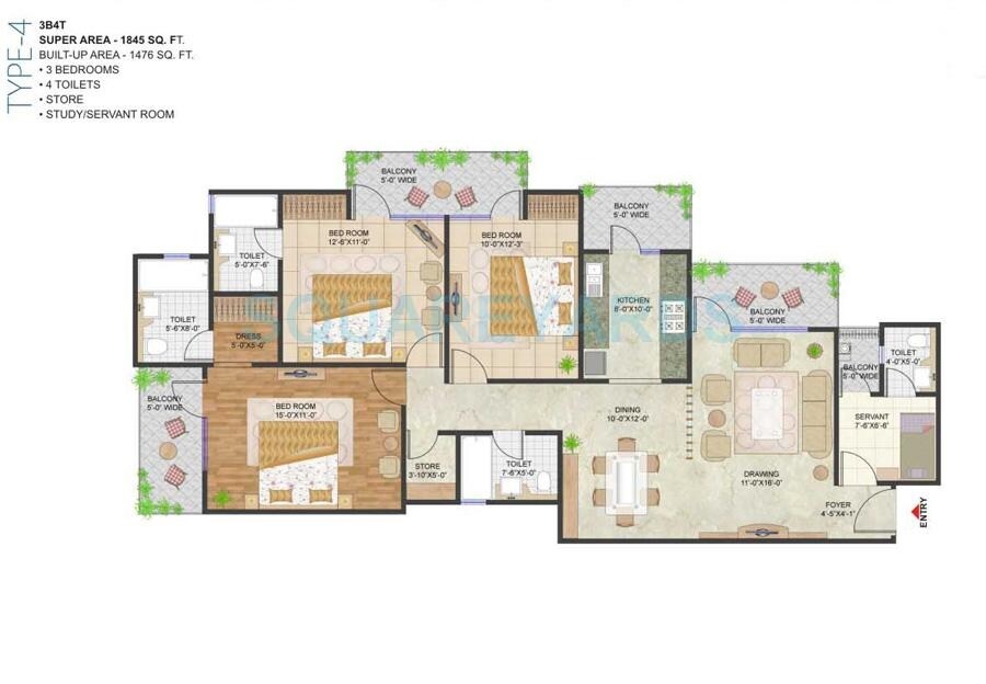 Floor plan of 3 BHK 1845 Sq. Ft. Apartment in Prateek Stylome, Noida