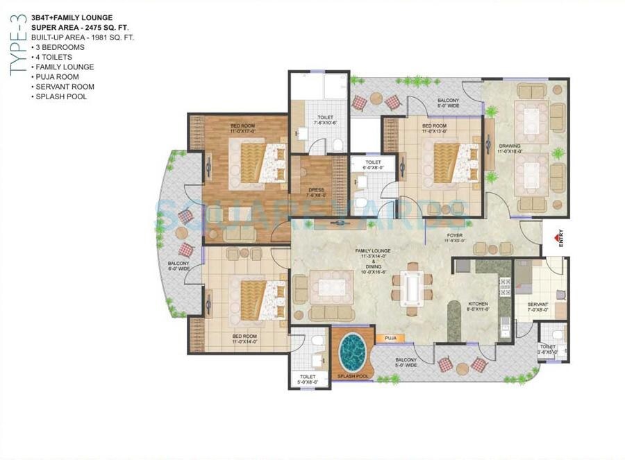 Floor plan of 3 BHK 2475 Sq. Ft. Apartment in Prateek Stylome, Noida
