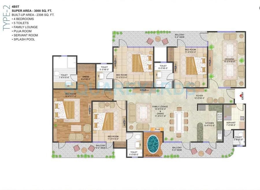 Floor plan of 4 BHK 3000 Sq. Ft. Apartment in Prateek Stylome, Noida