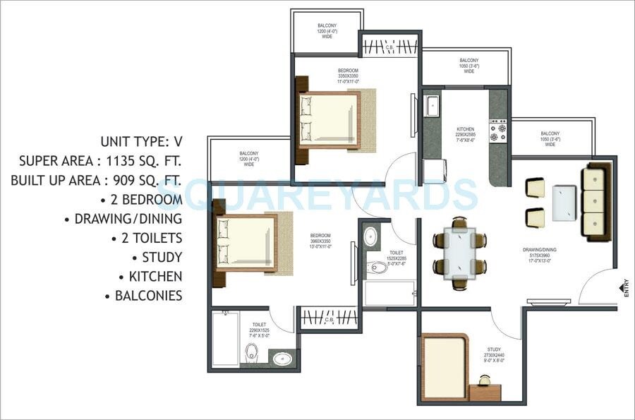 Floor plan of 2 BHK 1135 Sq. Ft. Apartment in Prateek Wisteria, Noida