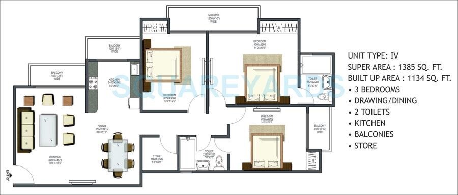 Floor plan of 3 BHK 1385 Sq. Ft. Apartment in Prateek Wisteria, Noida
