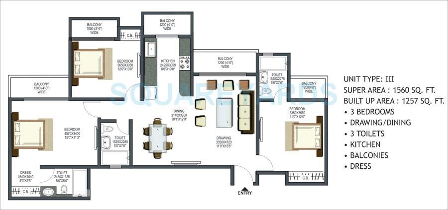 Floor plan of 3 BHK 1560 Sq. Ft. Apartment in Prateek Wisteria, Noida