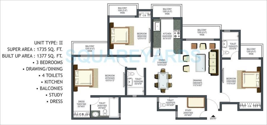 Floor plan of 3 BHK 1735 Sq. Ft. Apartment in Prateek Wisteria, Noida