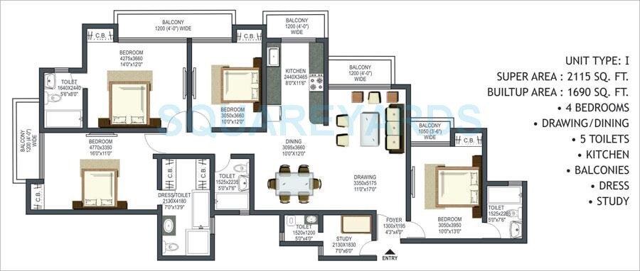 Floor plan of 4 BHK 2115 Sq. Ft. Apartment in Prateek Wisteria, Noida