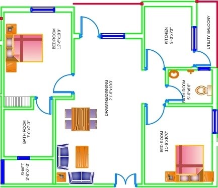 Floor plan of 2 BHK 1050 Sq. Ft. Apartment in Pratistha Home 62, Noida