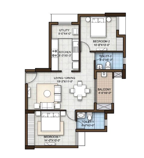 Floor plan of 2 BHK 1300 Sq. Ft. Apartment in Prestige Bougainvillea Gardens, Noida