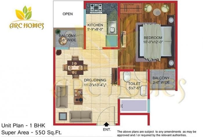 Floor plan of 1 BHK 550 Sq. Ft. Apartment in Propitious ARC Homes, Noida