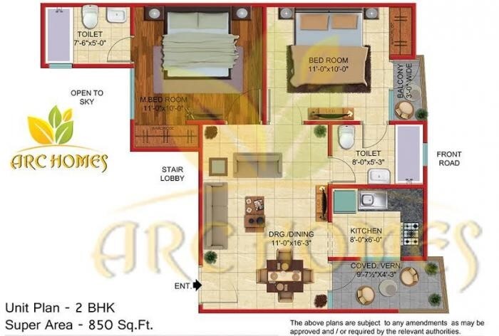 Floor plan of 2 BHK 850 Sq. Ft. Apartment in Propitious ARC Homes, Noida
