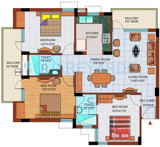 Floor plan of 3 BHK 1315 Sq. Ft. Apartment in Purvanchal Royal Park, Noida