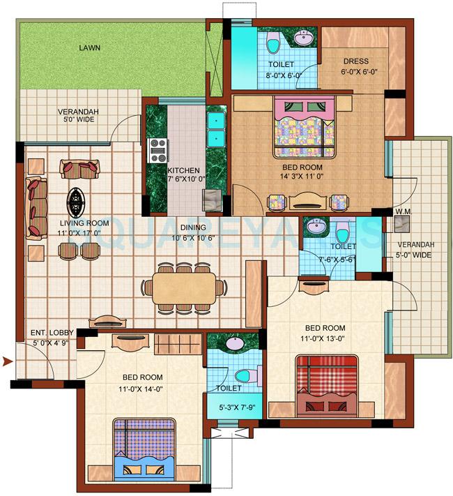 Floor plan of 3 BHK 1715 Sq. Ft. Apartment in Purvanchal Royal Park, Noida