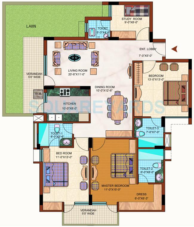 Floor plan of 3 BHK 1950 Sq. Ft. Apartment in Purvanchal Royal Park, Noida