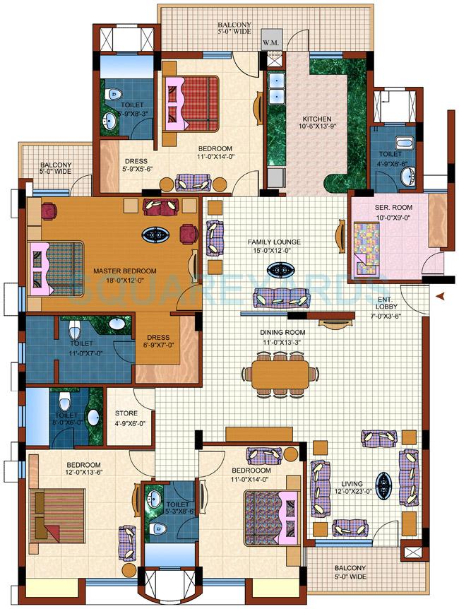 Floor plan of 4 BHK 2955 Sq. Ft. Apartment in Purvanchal Royal Park, Noida