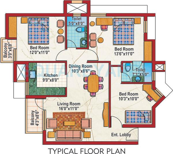 Floor plan of 3 BHK 1135 Sq. Ft. Apartment in Purvanchal Silver City, Noida