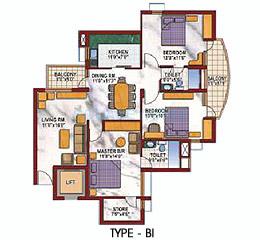 Floor plan of 3 BHK 1415 Sq. Ft. Apartment in Purvanchal Silver City, Noida