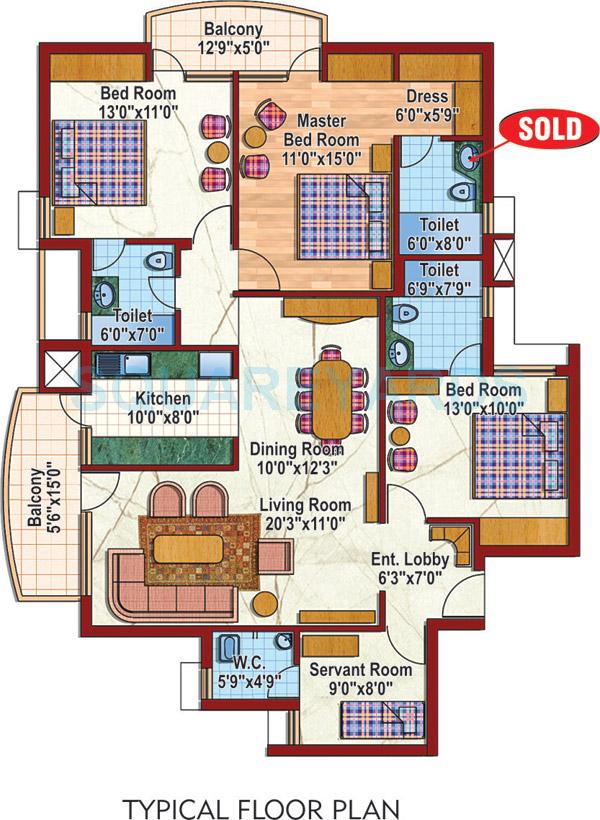 Floor plan of 3 BHK 1765 Sq. Ft. Apartment in Purvanchal Silver City, Noida