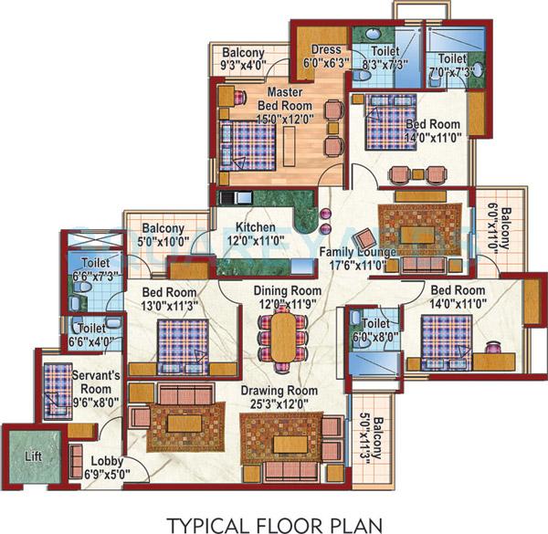 Floor plan of 4 BHK 2525 Sq. Ft. Apartment in Purvanchal Silver City, Noida
