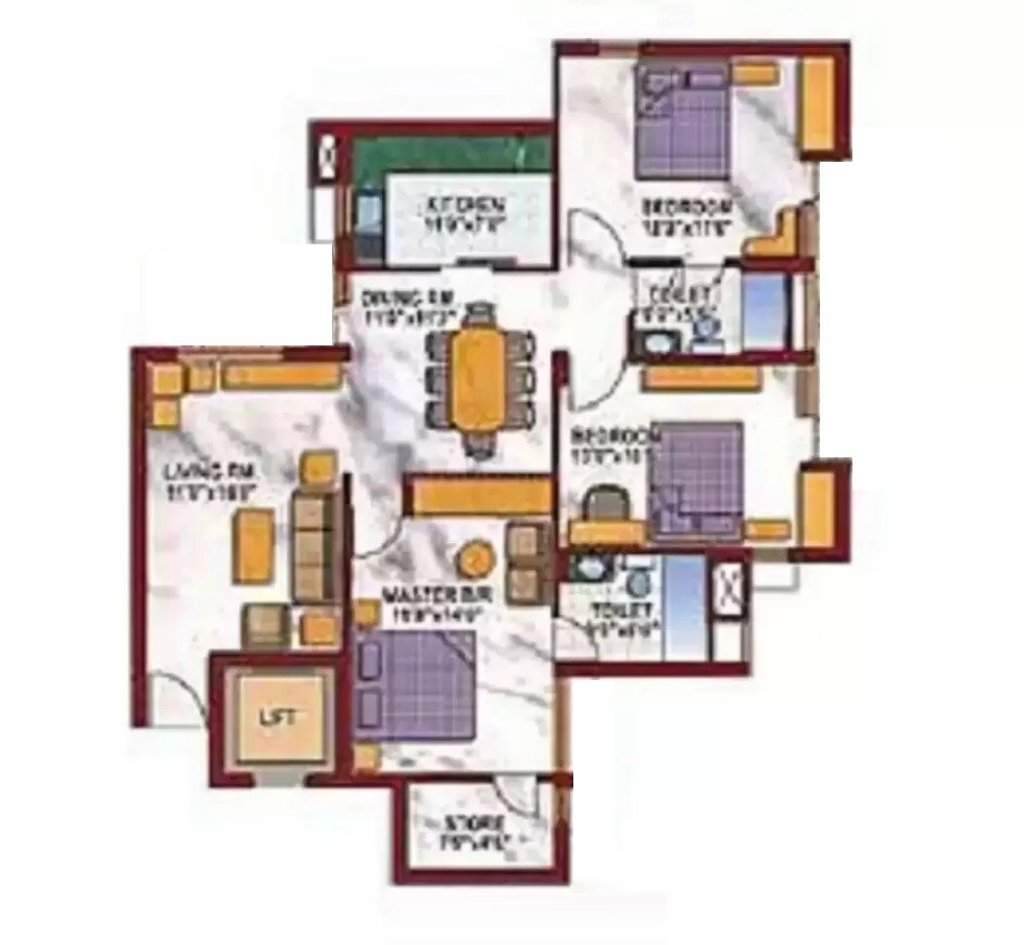Floor plan of 3 BHK 1550 Sq. Ft. Apartment in Purvanchal Silver Estate, Noida