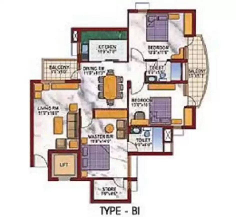 Floor plan of 3 BHK 1735 Sq. Ft. Apartment in Purvanchal Silver Estate, Noida