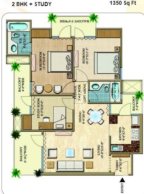 Floor plan of 2 BHK Apartment - 1350 sq. ft. in Rani Aakriti Shantiniketan, Noida