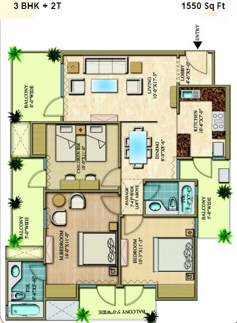 Floor plan of 3 BHK Apartment - 1550 sq. ft. in Rani Aakriti Shantiniketan, Noida
