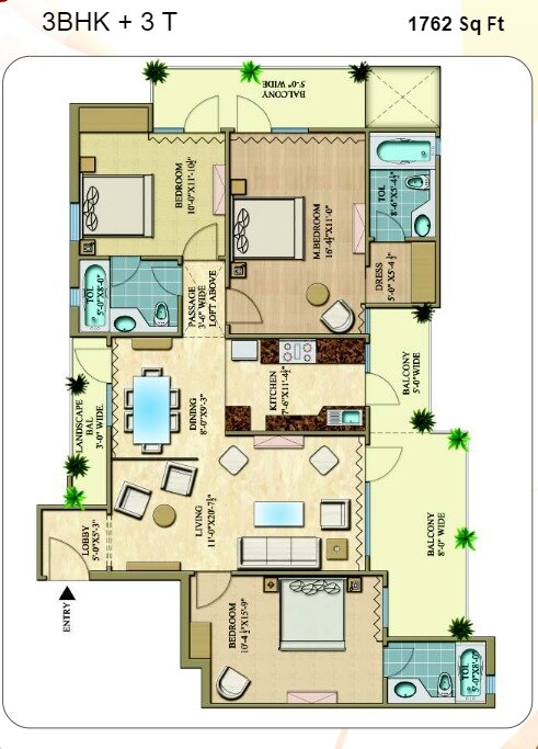 Floor plan of 3 BHK Apartment - 1762 sq. ft. in Rani Aakriti Shantiniketan, Noida