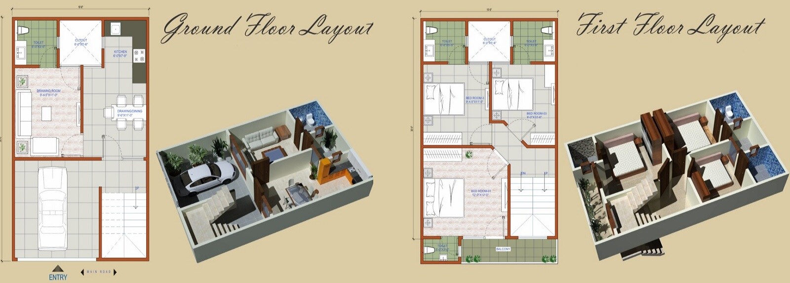 Floor plan of 3 BHK 1200 Sq. Ft. Villa in Rays North Villas, Noida