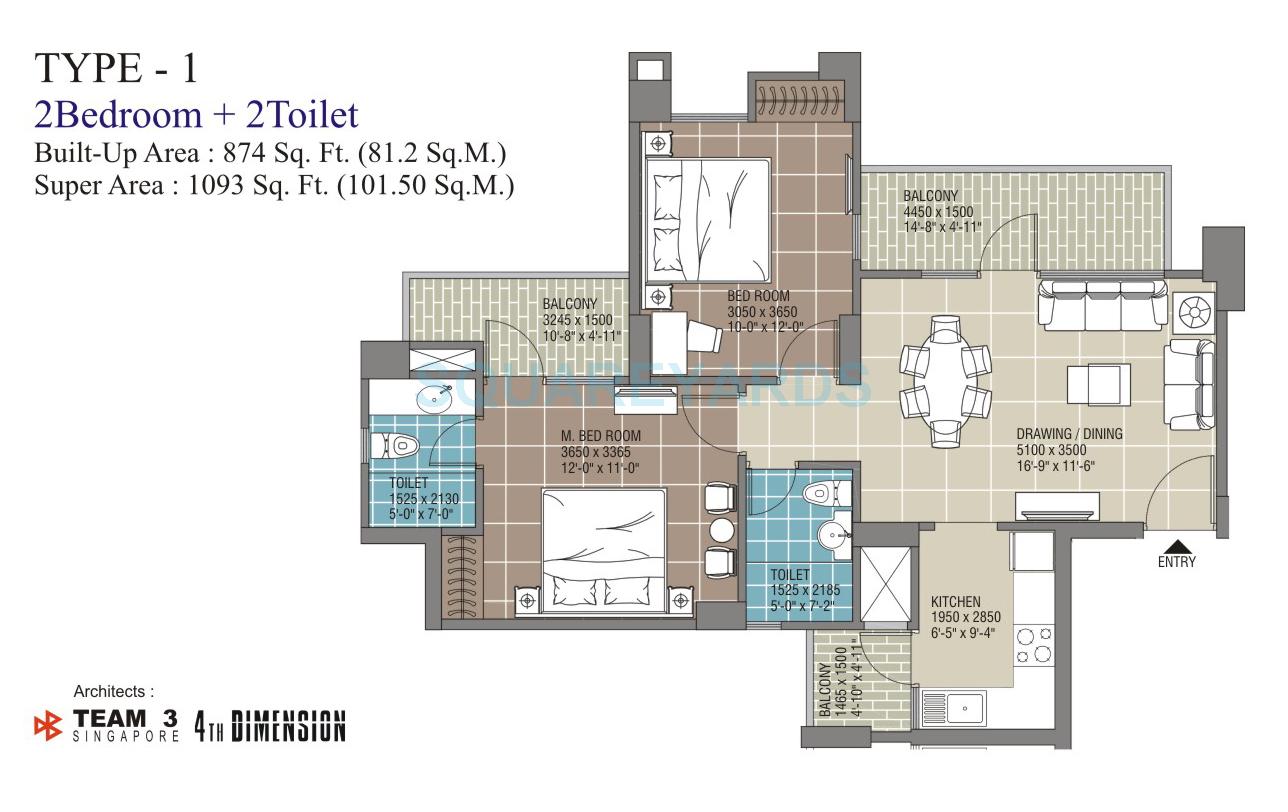 Floor plan of 2 BHK 1093 Sq. Ft. Apartment in RG Residency, Noida