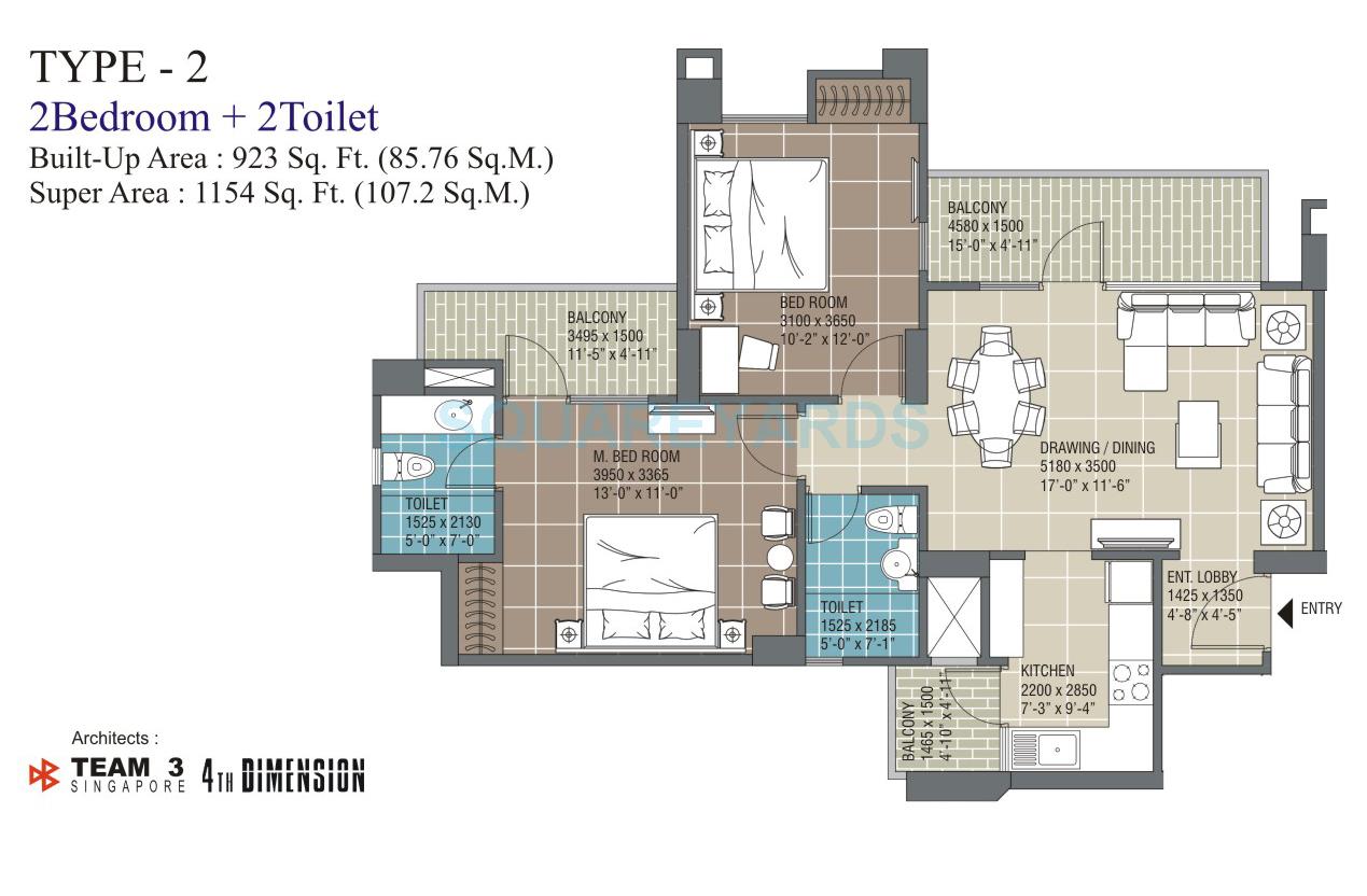 Floor plan of 2 BHK 1154 Sq. Ft. Apartment in RG Residency, Noida