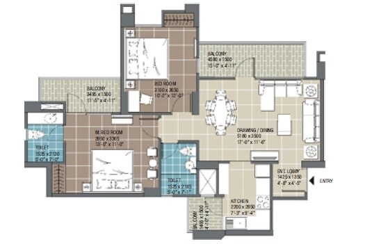 Floor plan of 2 BHK 1220 Sq. Ft. Apartment in RG Residency, Noida
