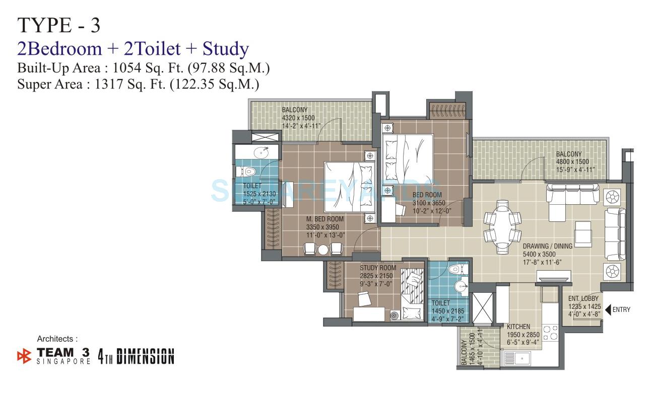 Floor plan of 2 BHK 1317 Sq. Ft. Apartment in RG Residency, Noida