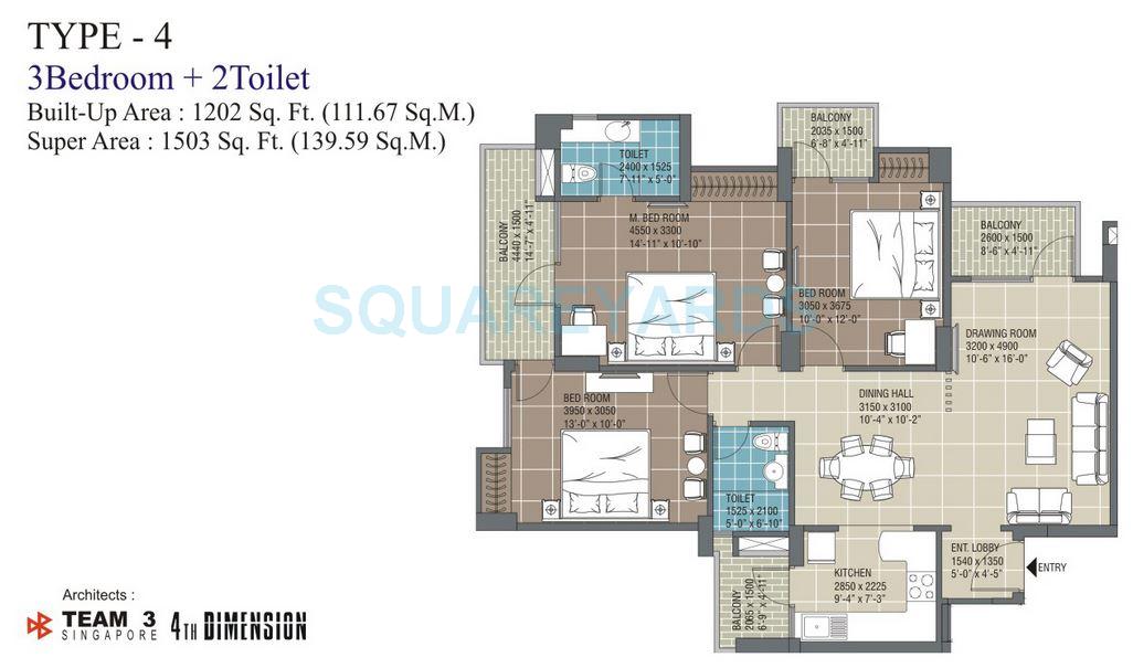 Floor plan of 3 BHK 1504 Sq. Ft. Apartment in RG Residency, Noida