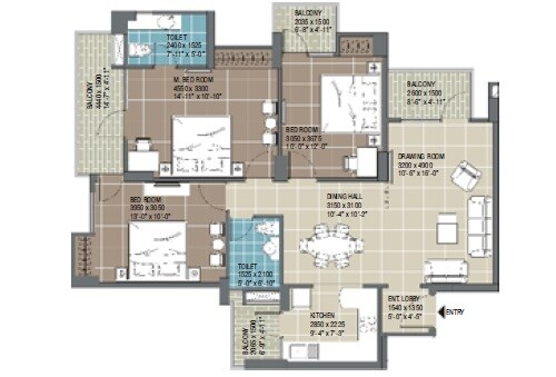 Floor plan of 3 BHK 1513 Sq. Ft. Apartment in RG Residency, Noida