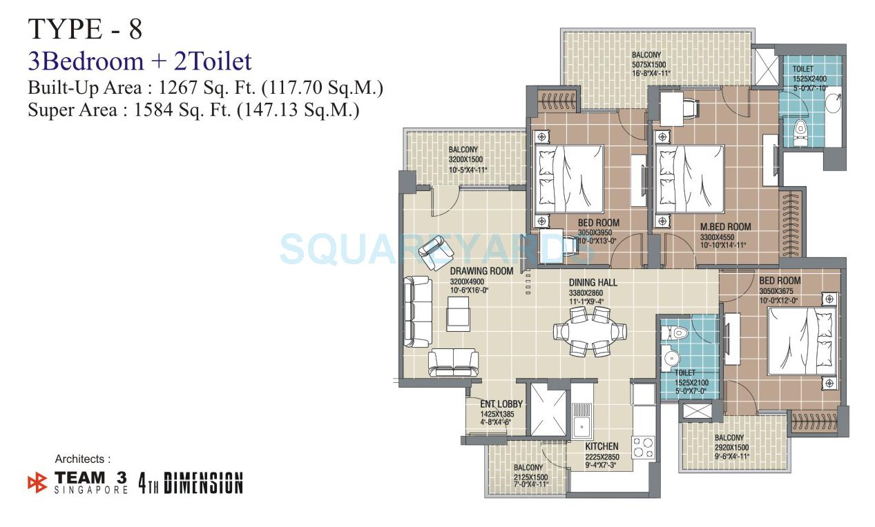 Floor plan of 3 BHK 1584 Sq. Ft. Apartment in RG Residency, Noida