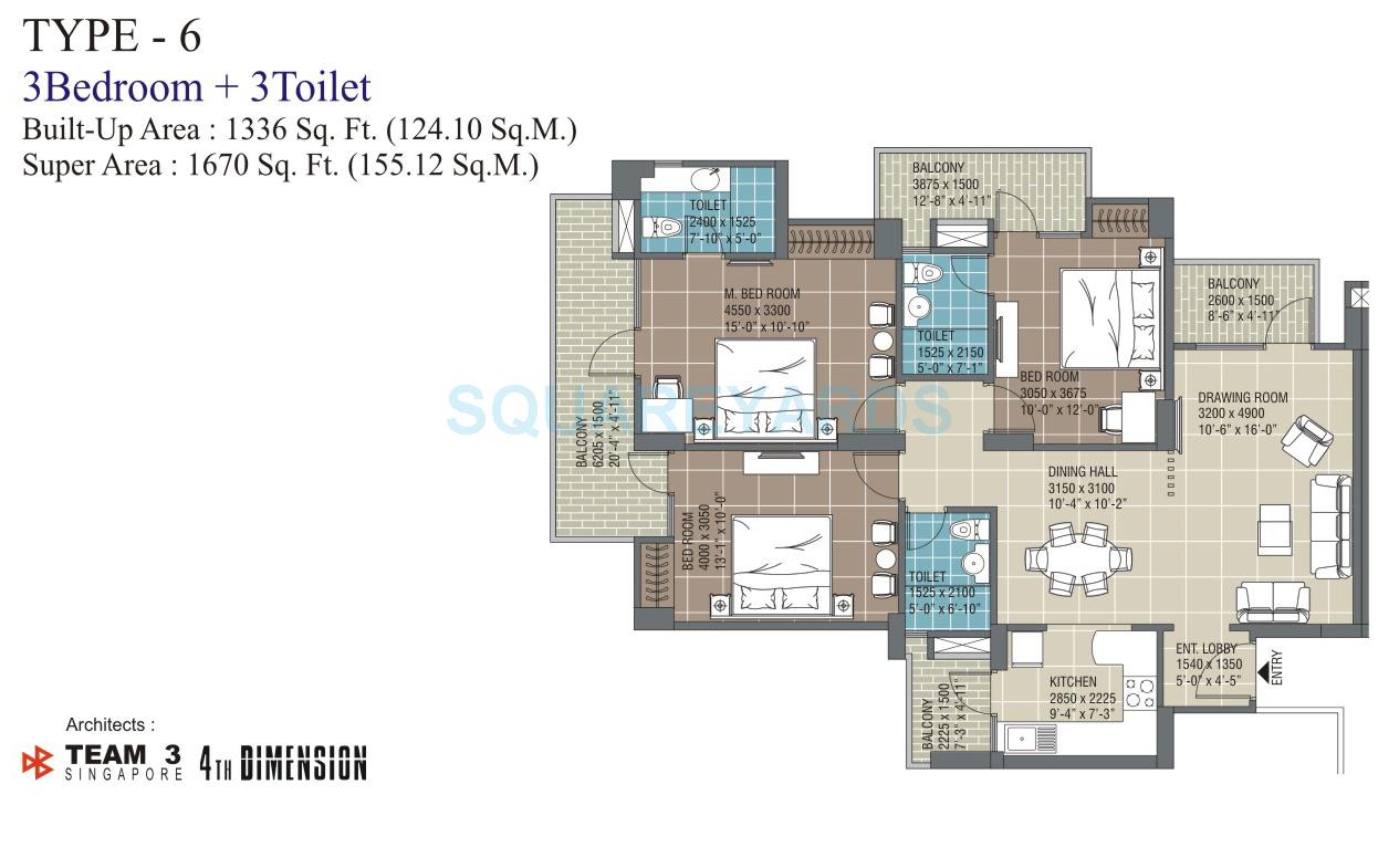 Floor plan of 3 BHK 1670 Sq. Ft. Apartment in RG Residency, Noida