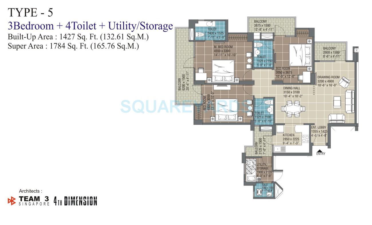Floor plan of 3 BHK 1784 Sq. Ft. Apartment in RG Residency, Noida