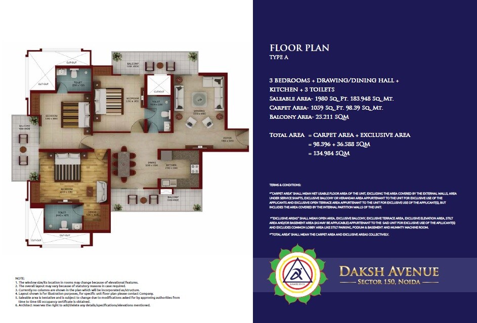 Floor plan of 3 BHK 1980 Sq. Ft. Apartment in Samridhi Daksh Avenue, Noida