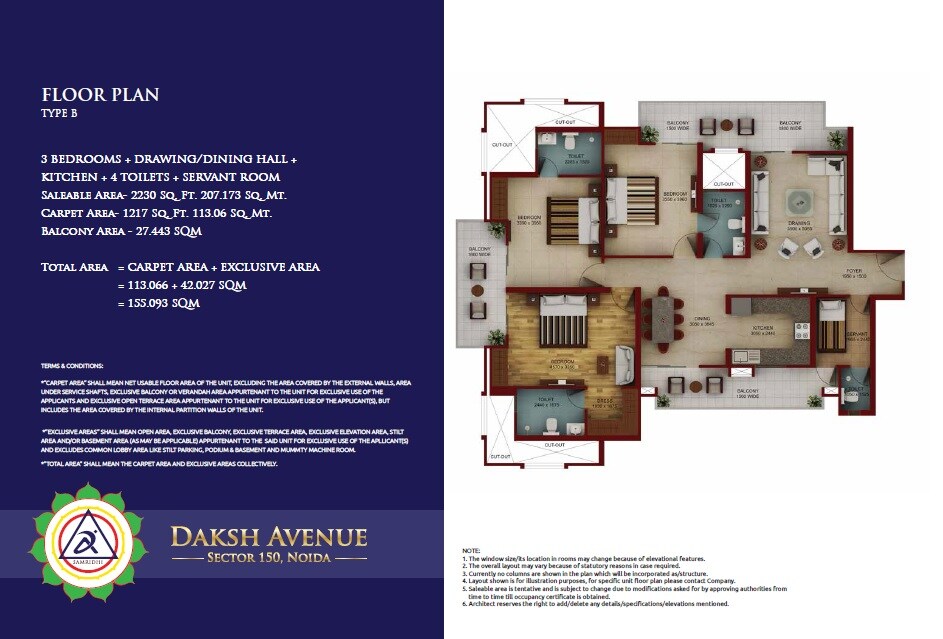 Floor plan of 3 BHK 2230 Sq. Ft. Apartment in Samridhi Daksh Avenue, Noida