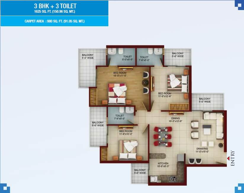  3 BHK Apartment at Samridhi Luxuriya Avenue, Sector 150 – for Rent