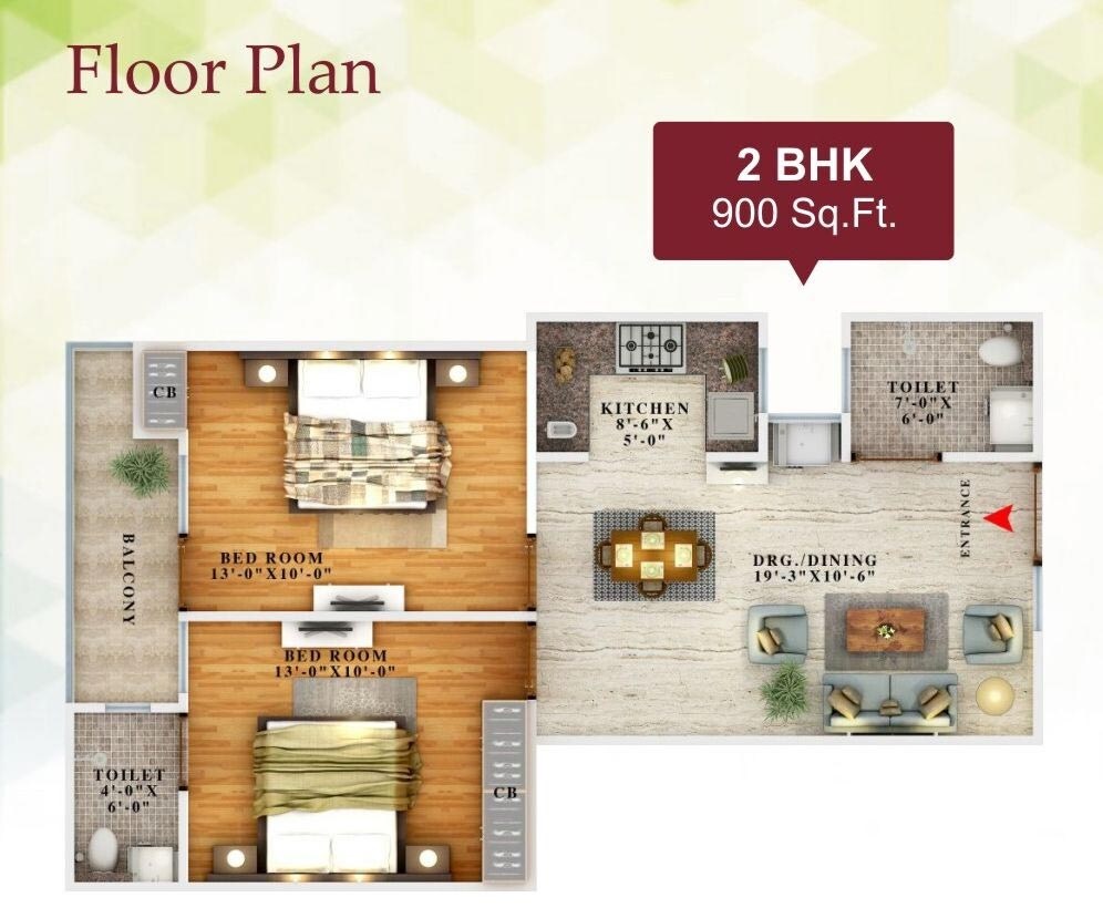 Floor plan of 2 BHK 900 Sq. Ft. Apartment in Satyam Paradise Sector 121, Noida