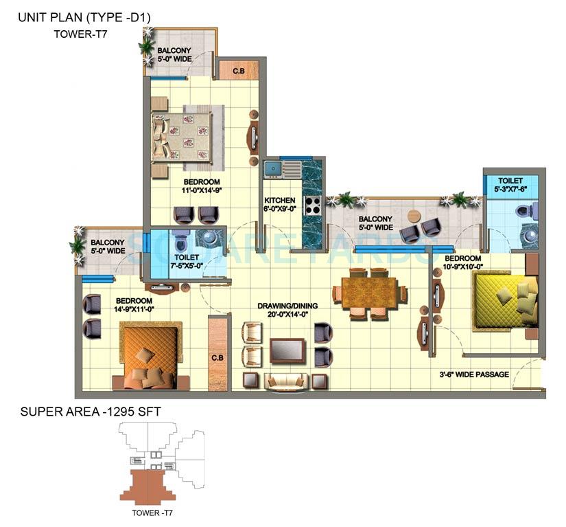 Floor plan of 3 BHK 1295 Sq. Ft. Apartment in SDS NRI Residency, Noida