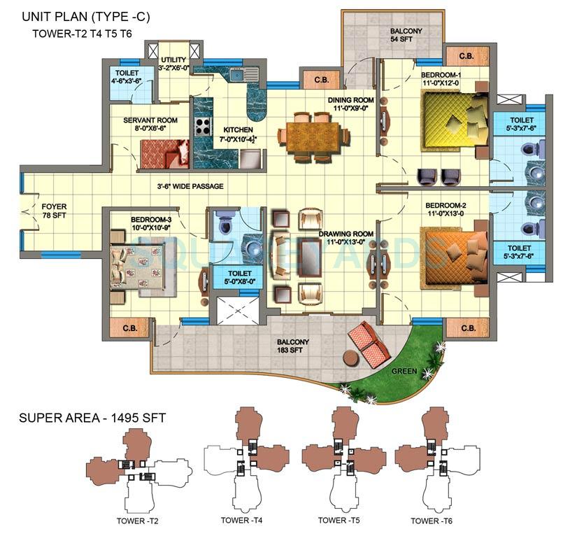 Floor plan of 3 BHK 1495 Sq. Ft. Apartment in SDS NRI Residency, Noida
