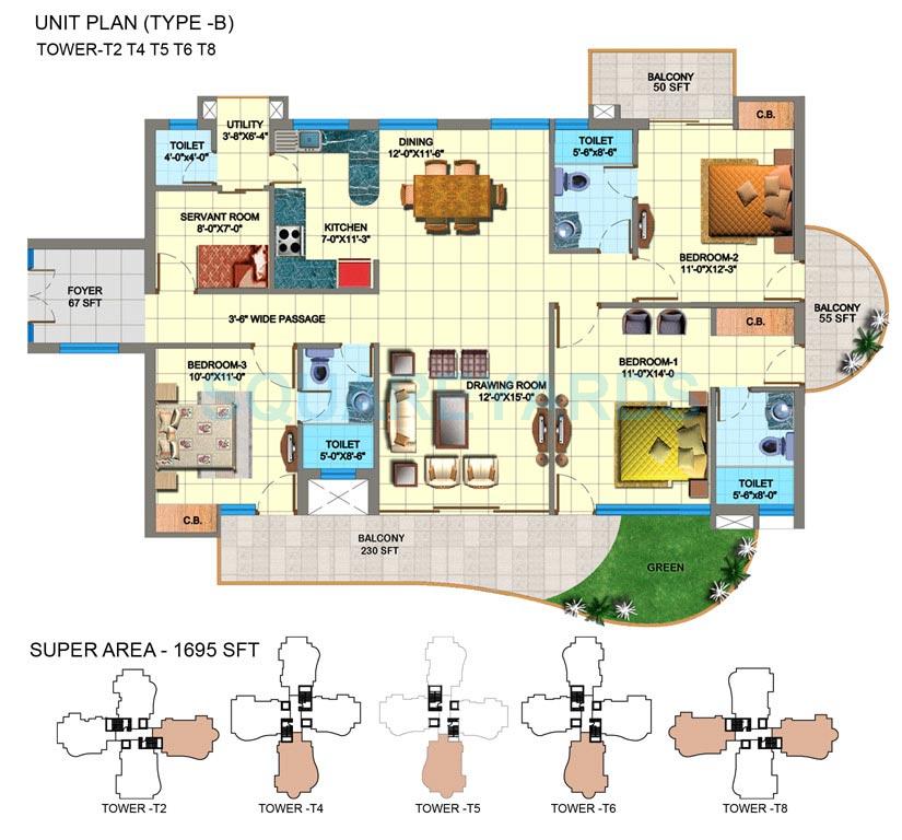 Floor plan of 3 BHK 1695 Sq. Ft. Apartment in SDS NRI Residency, Noida