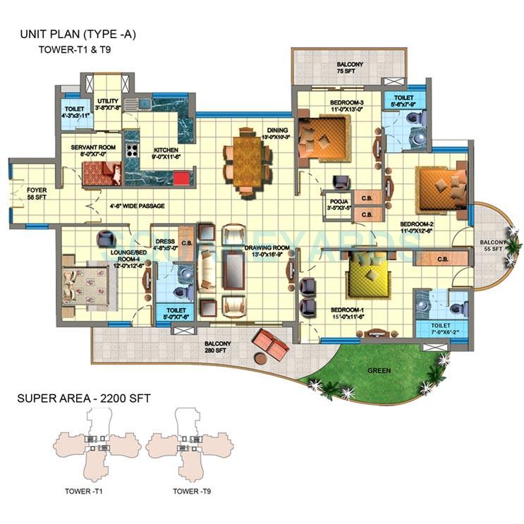 Floor plan of 4 BHK 2200 Sq. Ft. Apartment in SDS NRI Residency, Noida