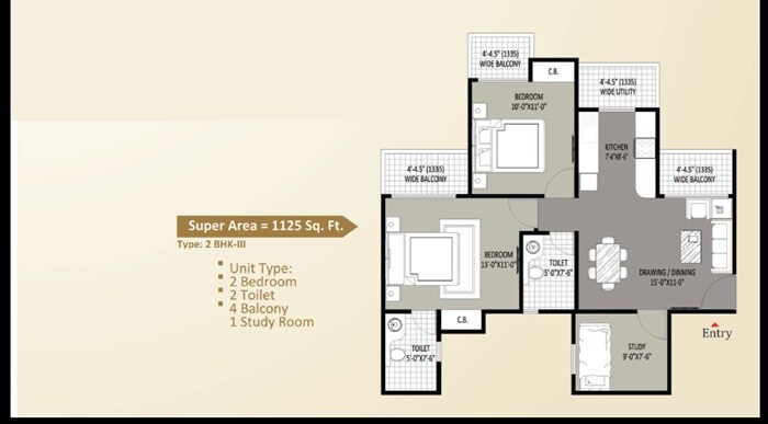 Floor plan of 2 BHK 1125 Sq. Ft. Apartment in Sethi Max Royal, Noida
