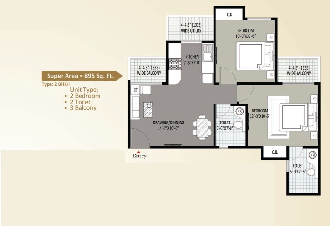 Floor plan of 2 BHK 895 Sq. Ft. Apartment in Sethi Max Royal, Noida