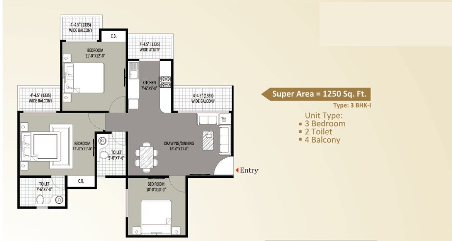 Floor plan of 3 BHK 1250 Sq. Ft. Apartment in Sethi Max Royal, Noida