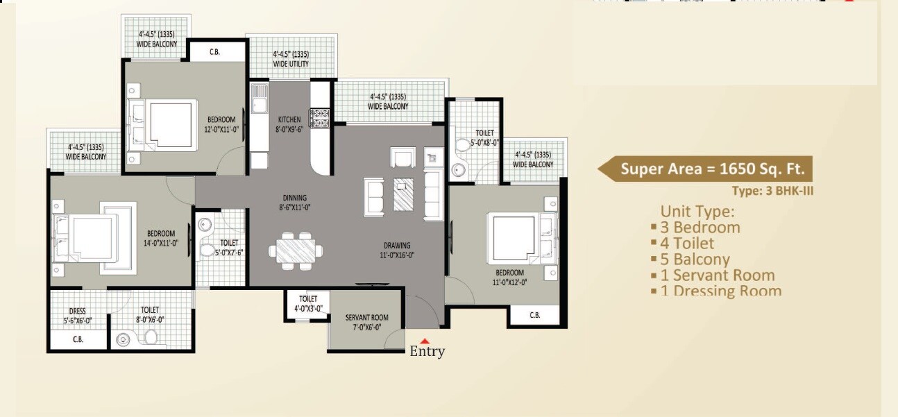 Floor plan of 3 BHK 1650 Sq. Ft. Apartment in Sethi Max Royal, Noida